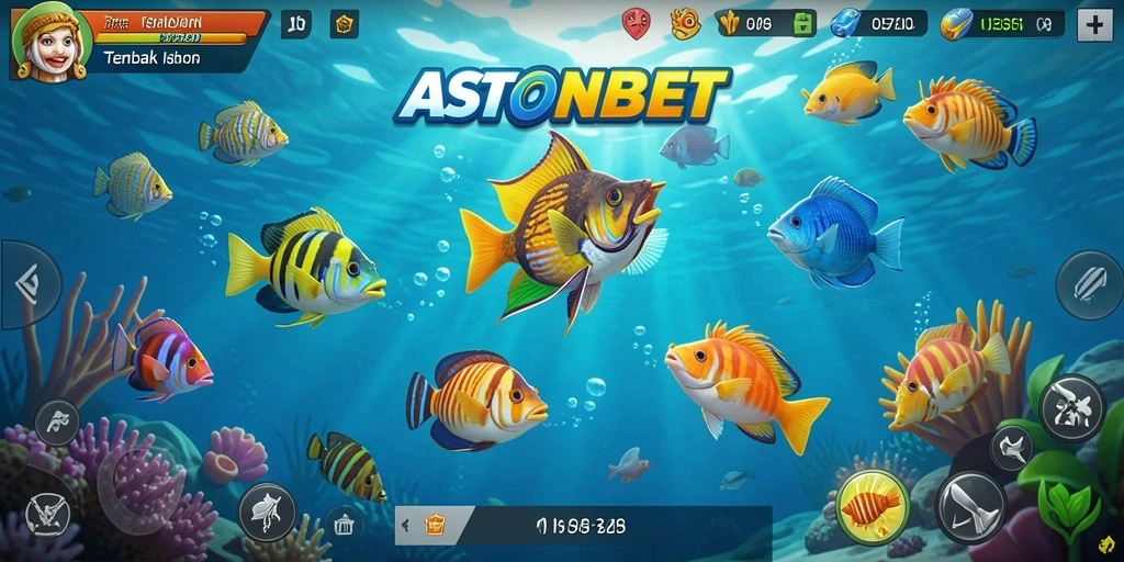 Screenshot utama ASTONBET menampilkan aksi seru dalam permainan Tembak Ikan.