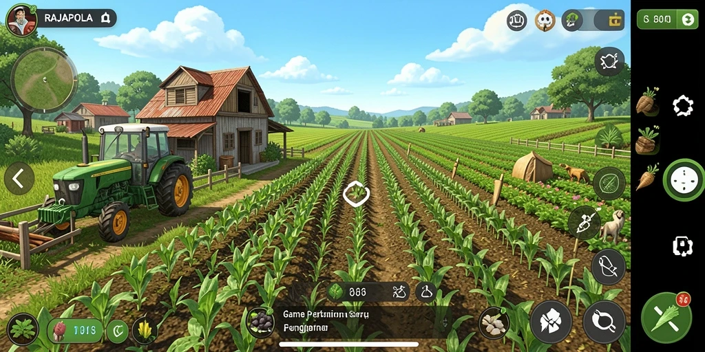 Tampilan gameplay seru dalam RAJAPOLA saat bertani.
