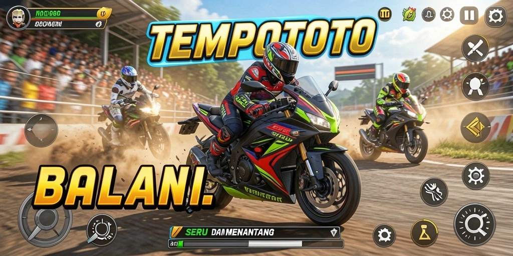 Screenshot utama TEMPOTOTO menampilkan aksi balapan motor yang seru.